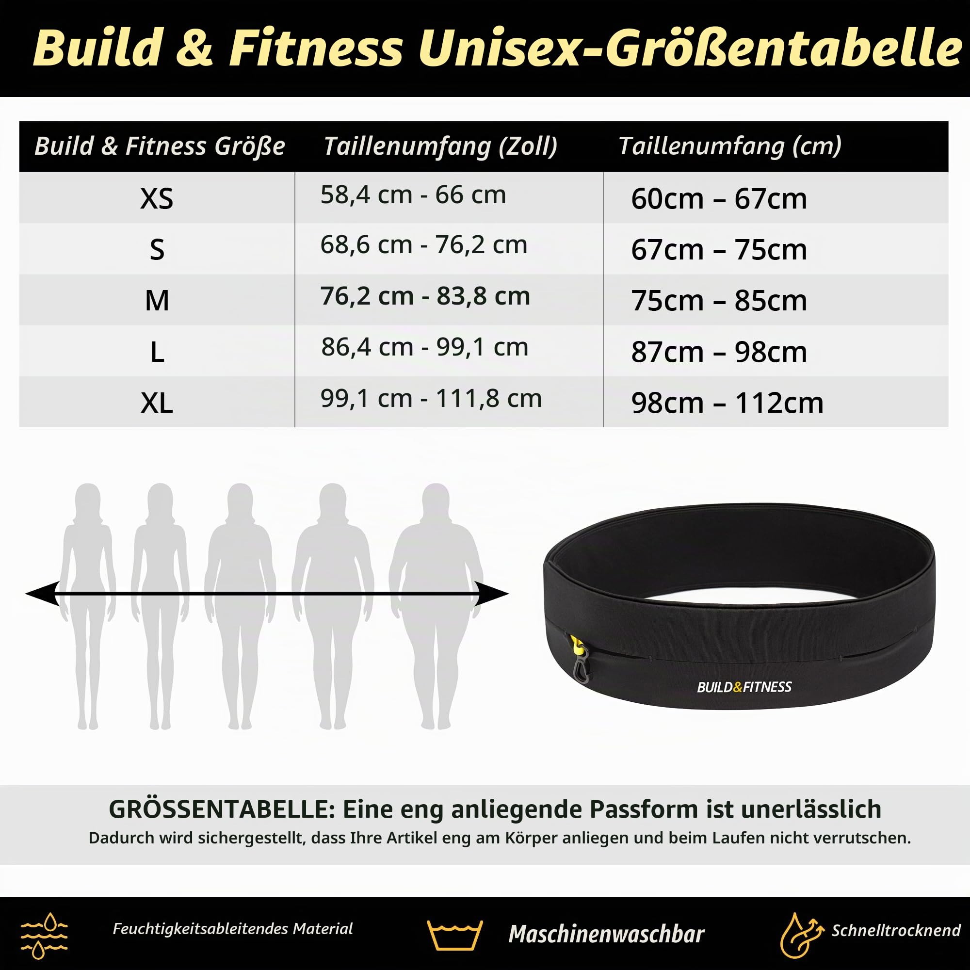 Build & Fitness Laufgürtel. Flip-Taille Gürteltasche, Schlüsselclip und Handyhalterung für Damen und Herren. Leicht, schlank, komfortabel und passend für alle Samsung- und iPhone-Modelle
