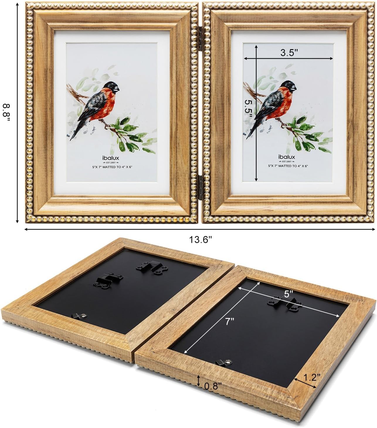 5x7 Double Vertical Hinged Picture Frame, Gold Brushing Bead Trim, Vintage Nature Pine Wood Grain with Real Glass, Matted to 4x6, Table Desktop Display Photo Frame