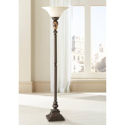 Kathy Ireland Mulholland Rustic Vintage Torchiere Floor Lamp Standing 72" Tall Bronze Tortoise Shell Font Frosted Glass Shade Decor for Living Room Reading House Bedroom Home Office