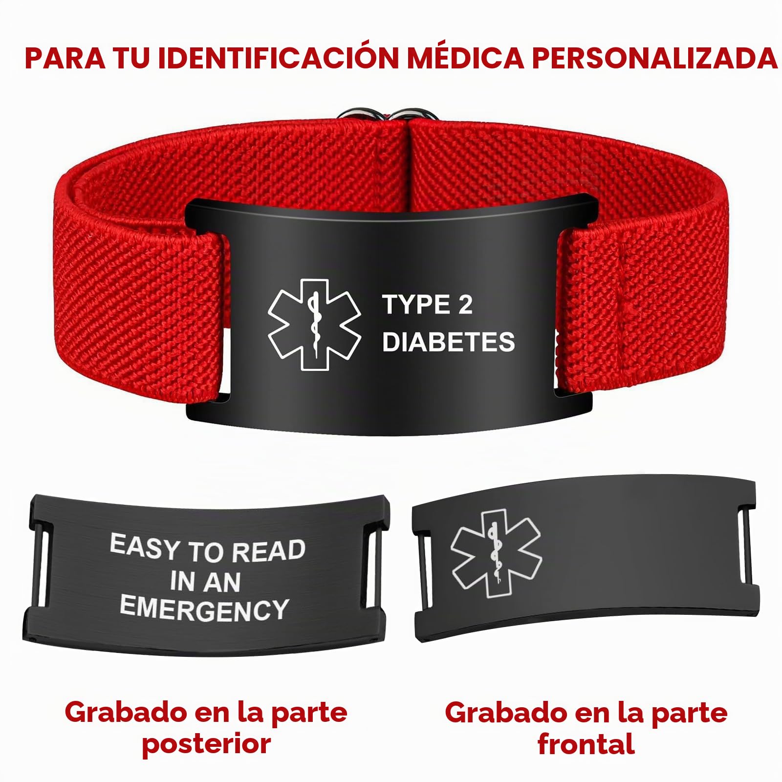 Pulsera de alerta médica personalizada de acero inoxidable grabada con correa elástica para diabetes epilepsia