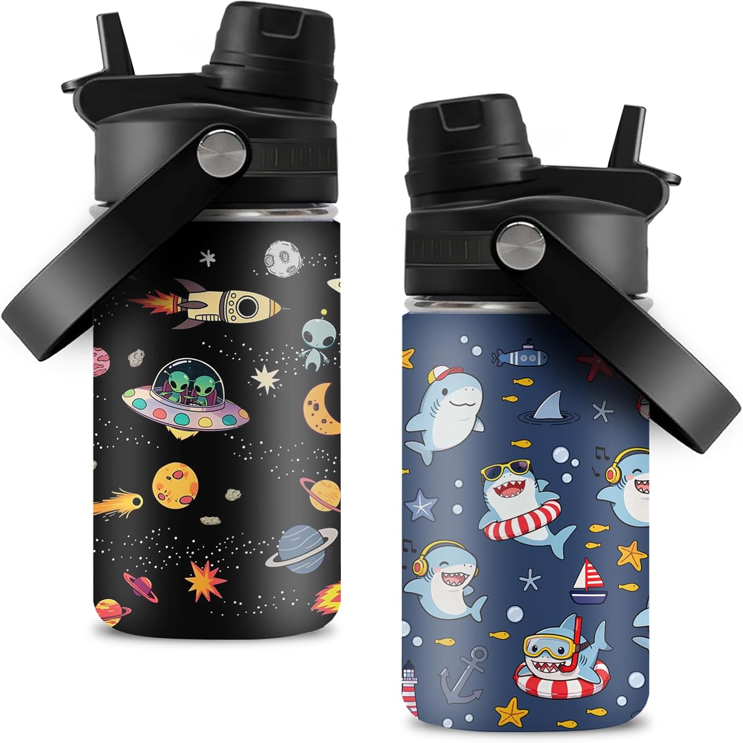 12OZ Shark Water Bottle for Boys, Birthday Gift for Planet Lovers, Insulated Tumbler with Straw & Handle for Son, Stainless Steel Reusable Leak-proof Cup for Sports, G-Black 2-Pack