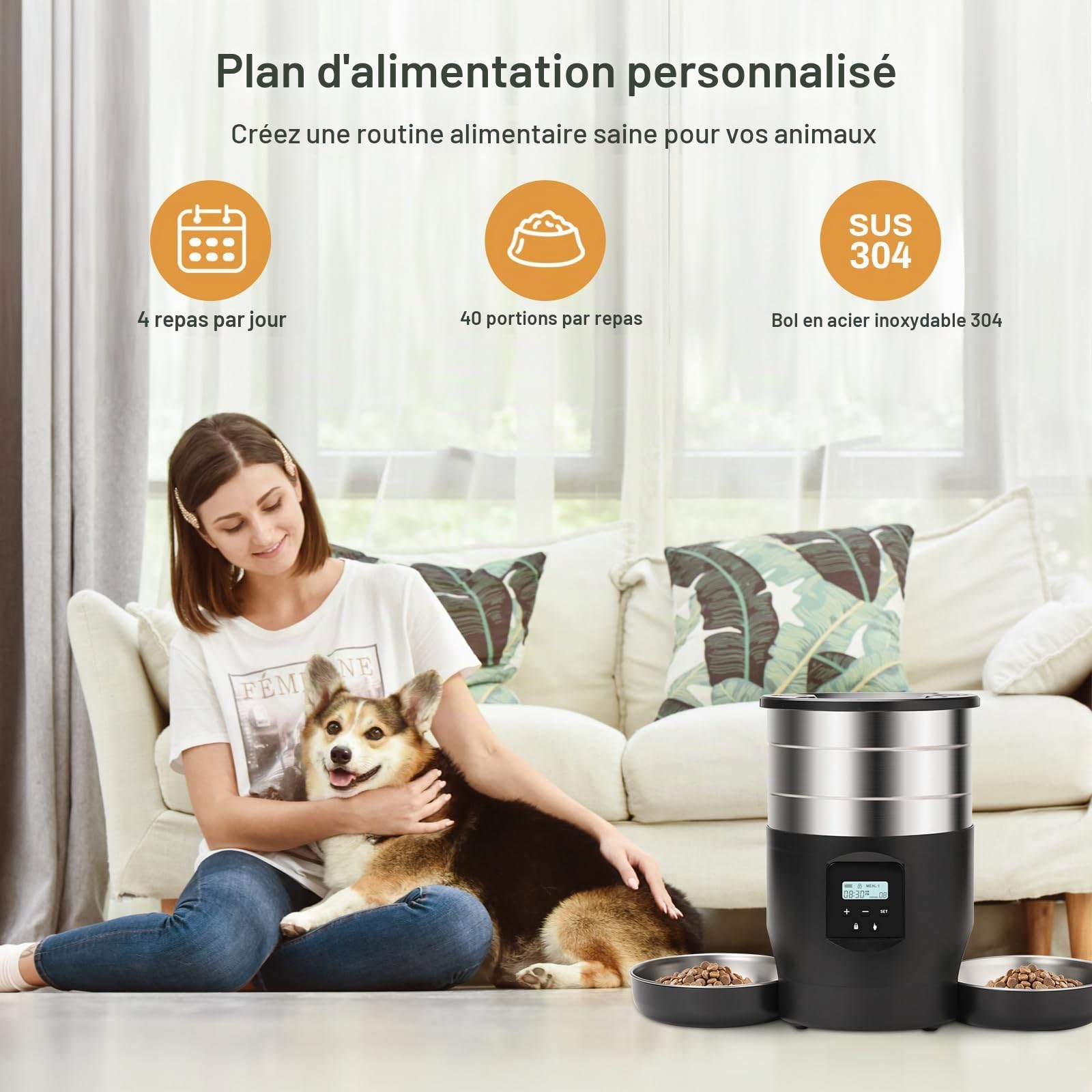 Distributeur Croquettes Chat Automatique Double,INOX Distributeur Croquettes Chien avec 2 Bols,Inoxydable Gamelle Electronique,par Jour Alimentation Personnalisé Distributeur Automatique (Bouton)