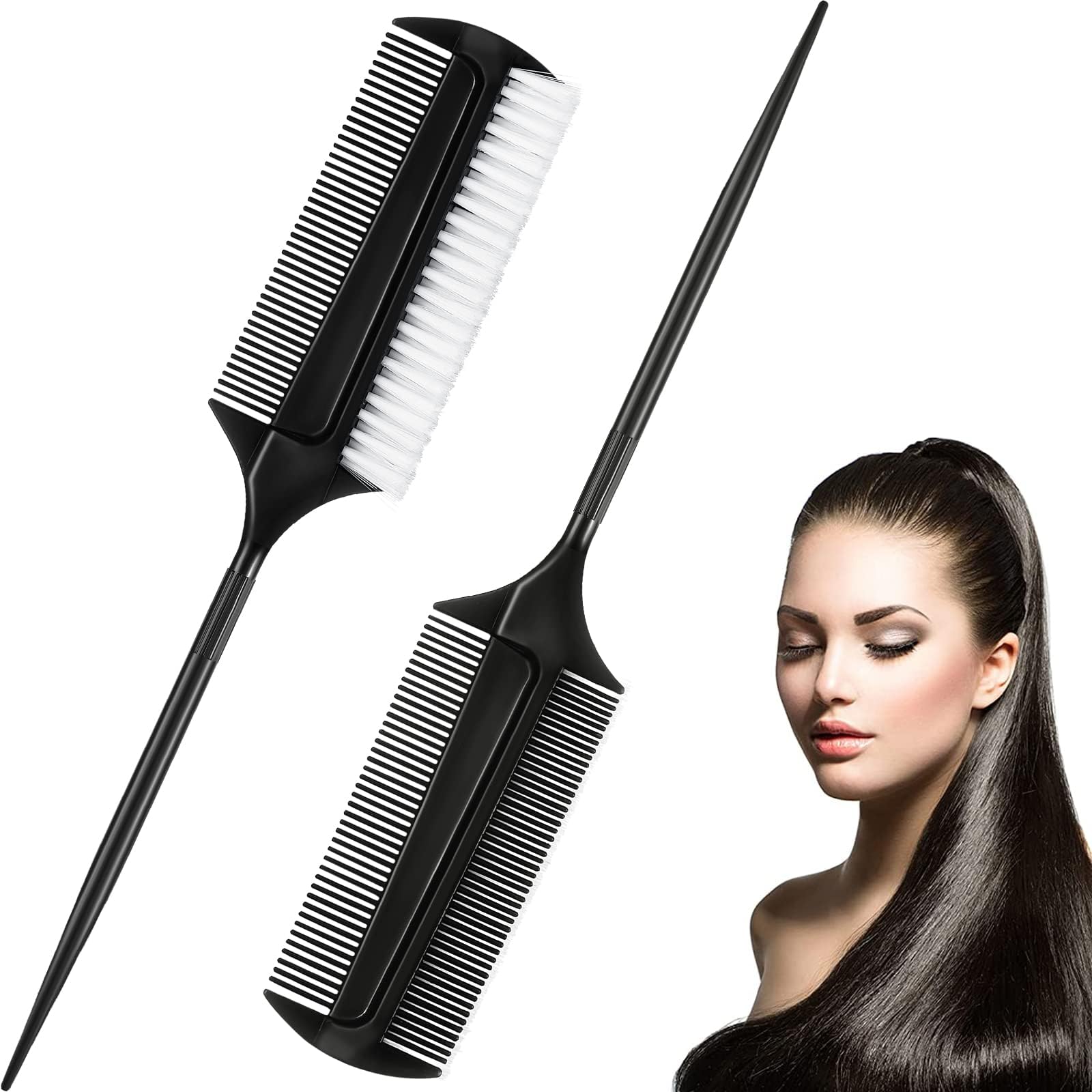 2 Pcs Black Smoothing and Sectioning Brush Set - Double-Sided Comb for Edge Teasing, Parting, and Ballroom Dancing Hairstyling