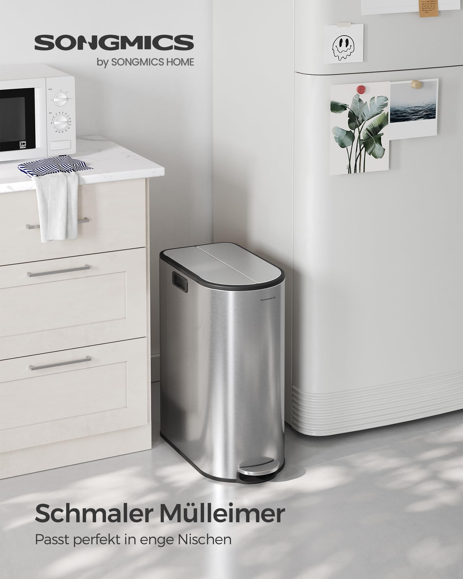 SONGMICS Mülleimer Küche, Mülltrennsystem 2 Fächer, 30 L und 20 L, schmaler Abfalleimer, Treteimer für Recyclingmaterialien und Abfall, mit 2-teiligem Deckel, metallicsilber LTB570E50
