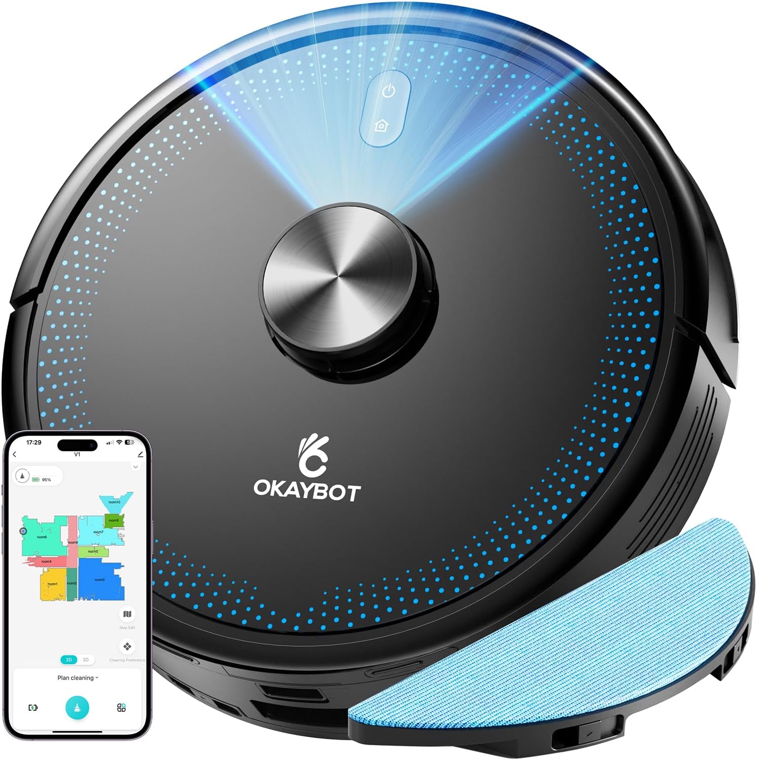 V1 Robot Vacuum Cleaner with Wiping Function 4000 Pa Vacuum Cleaner Robot 3-in-1 with LiDAR Navigation 120 min Running Time Robot Vacuum Cleaner for Pet Hair Carpet Floors App Control