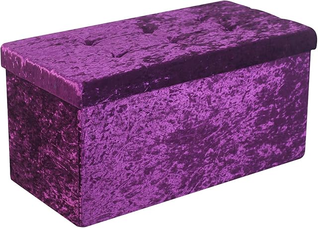 HomeHarmony® Crushed Velvet Quilted Top Folding Storage Ottoman Seat, Stool, Toy Storage Box (Large Purple)