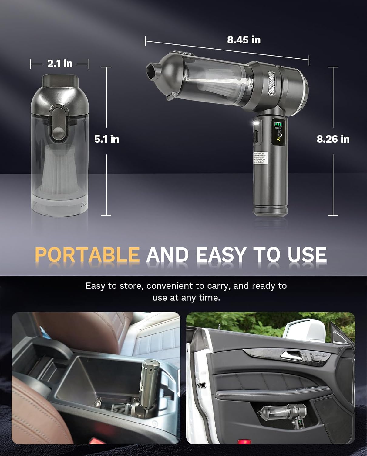 Baiwade Cordless Handheld Car Vacuum Cleaner, 15000PA High Power 2-in-1 Mini Vacuum Duster & Inflator with LED Display Screen, 3-Speed Brushless Motor for Car Care, Home, Office, Pet