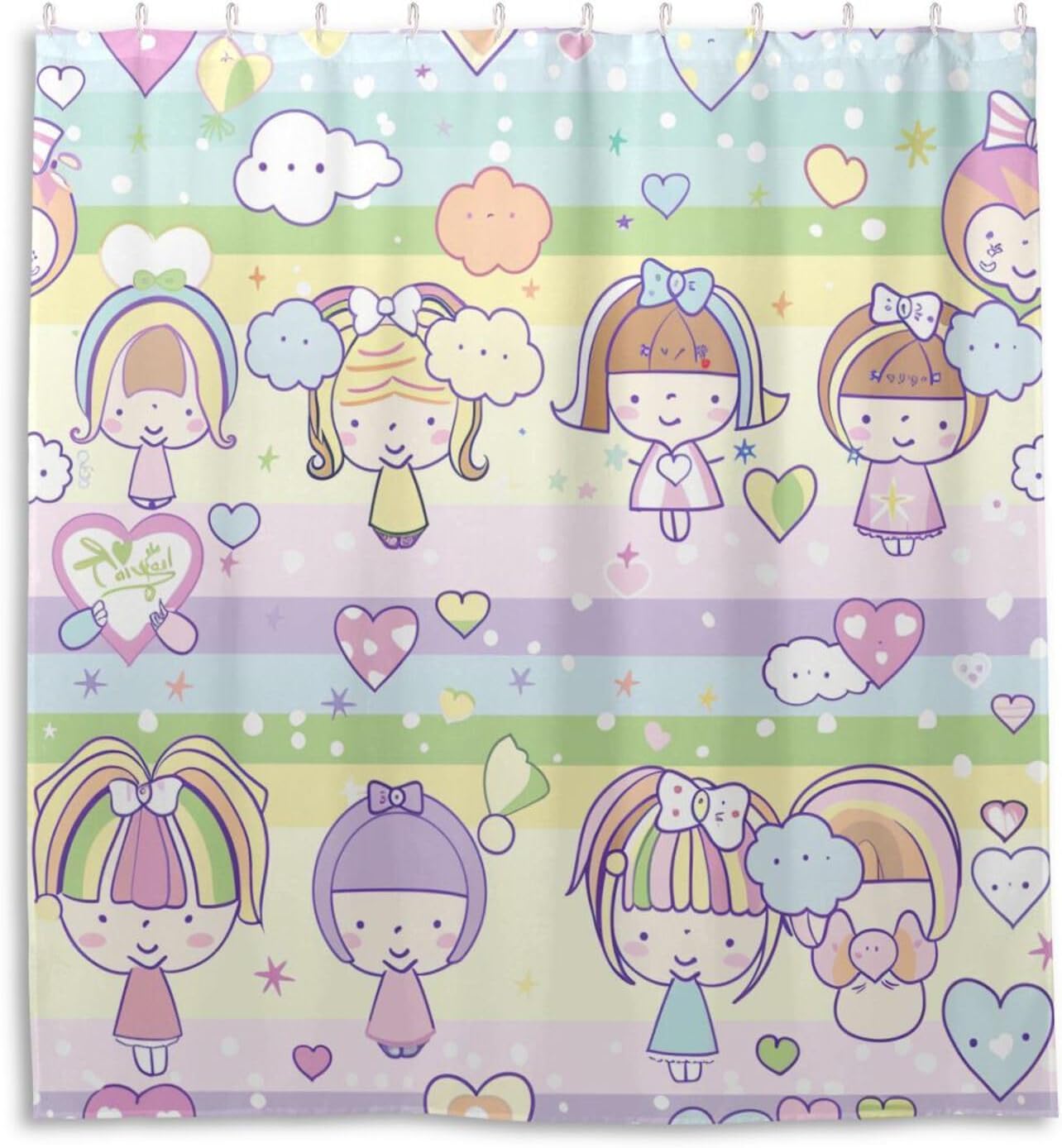 66x72 Inch Water Repellent Cloth Bathroom Shower Curtain Sets with Hook Dolls Cartoon Polyester Resistant Washable Curtain Liners for Bathroom 00