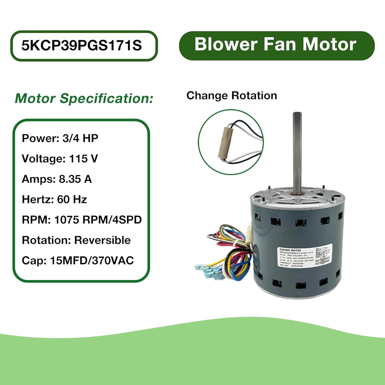 5KCP39PGS171S Blower Fan Motor 3/4HP 115V 8.35A 1075RPM 4-Speeds Compatible with Carrier Bryant Payne Furnace Replaces HC45AE118A GE Genteq 5KCP39NGZ205S Packard 45118