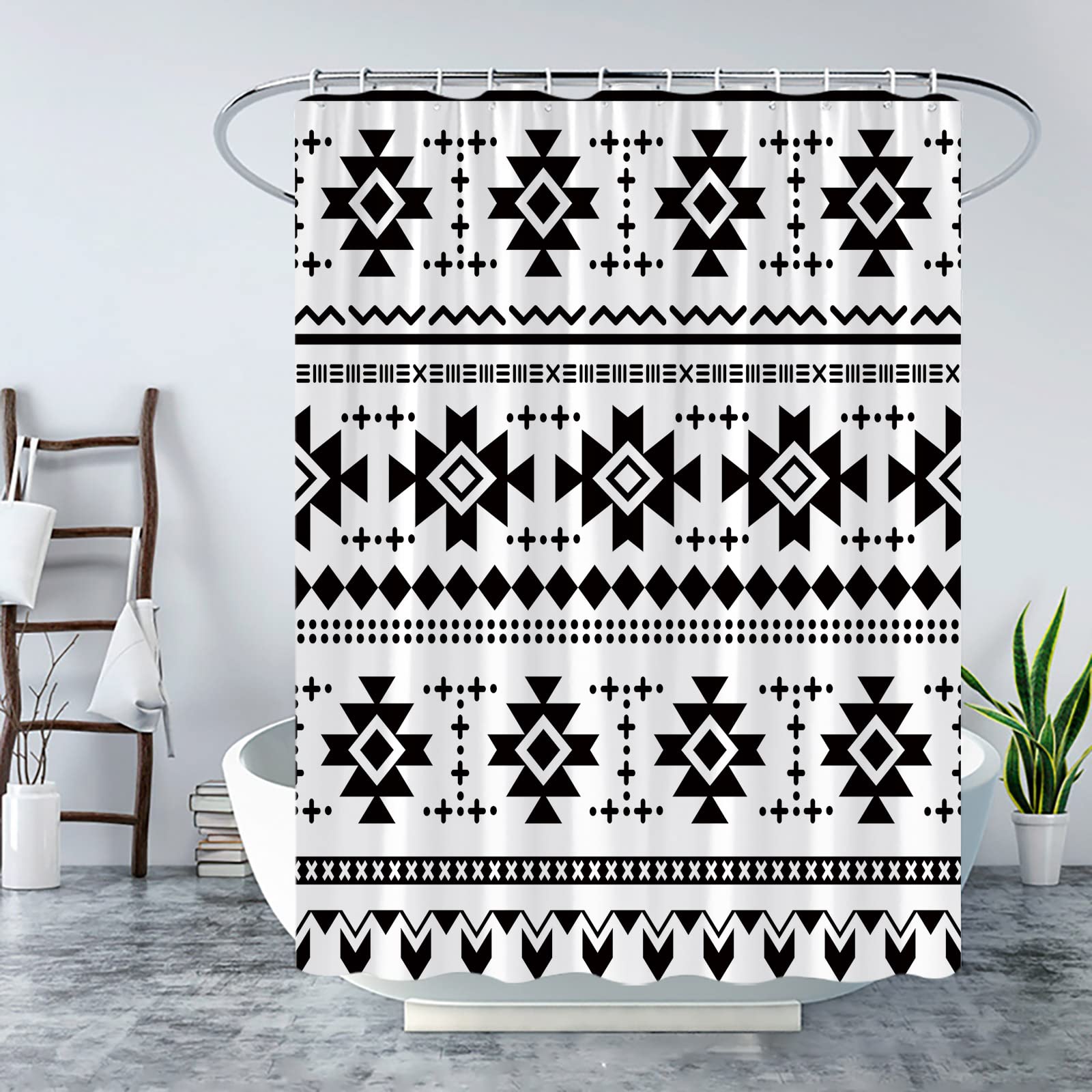 LAEDCIITI Aztec Shower Curtain Black White Geometric Southwestern Abstract Tribal Boho Native American Navajo Ethnic Vintage Triangle Retro Bath Curtain with Hook
