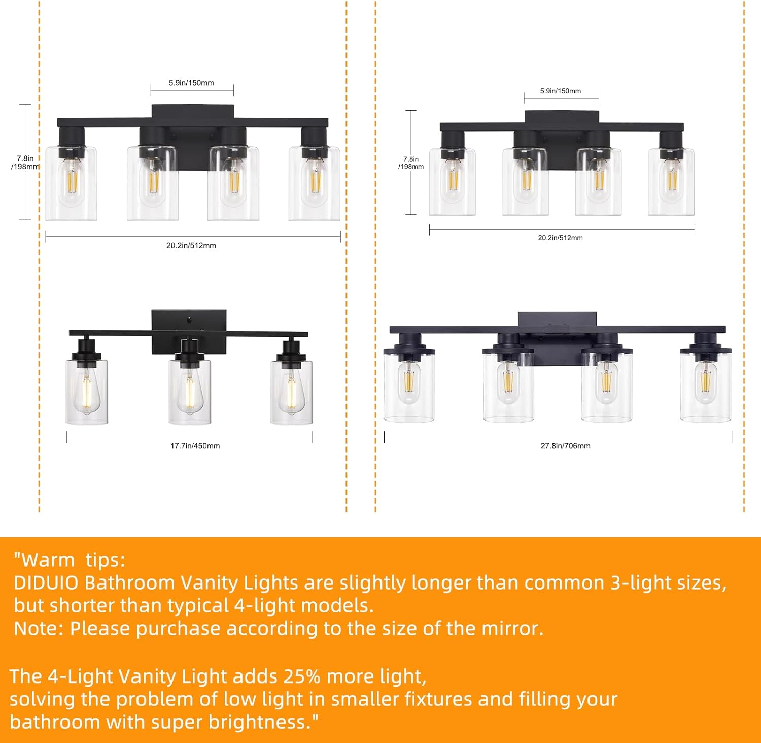 Black Vanity Lights for Bathroom 4 Light Bathroom Vanity Light Classic Bathroom Lighting Fixtures Over Mirror Farmhouse Vanity Lights with Clear Glass Shade