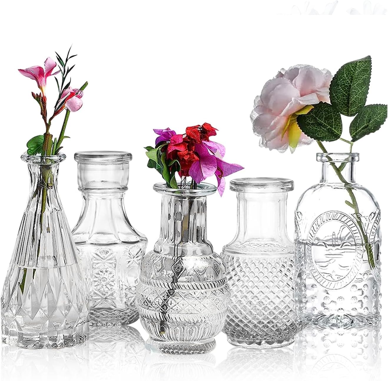 Nostrae by Ekhasa 100% Crystal Clear Glass Bud Vases Flower Pots for Home Decor (Set of 5) | Center Table Mini Decor Items | Transparent Glass Vase for Water Plants | Glass Planters for Indoor Plants