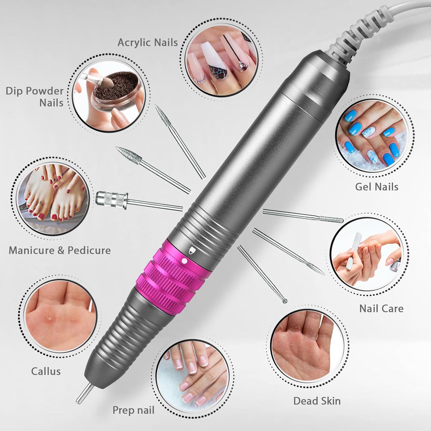Diagram showing various applications of the AZ GOGO Electric Nail Drill, including acrylic nails, dip powder nails, gel nails, manicure & pedicure, callus removal, nail preparation, dead skin removal, and general nail care.