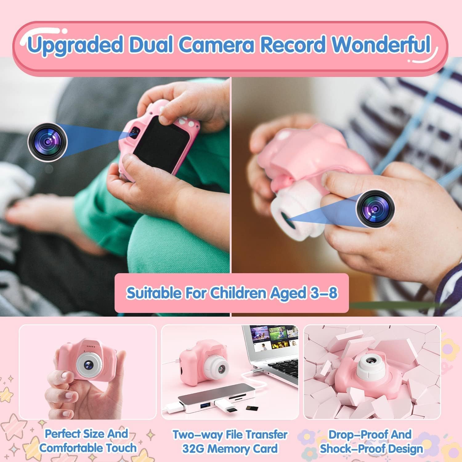 acuvar full 1080p kids selfie hd compact digital photo and video rechargeable camera with 32gb tf card 2 lcd screen and micro usb charging drop pro