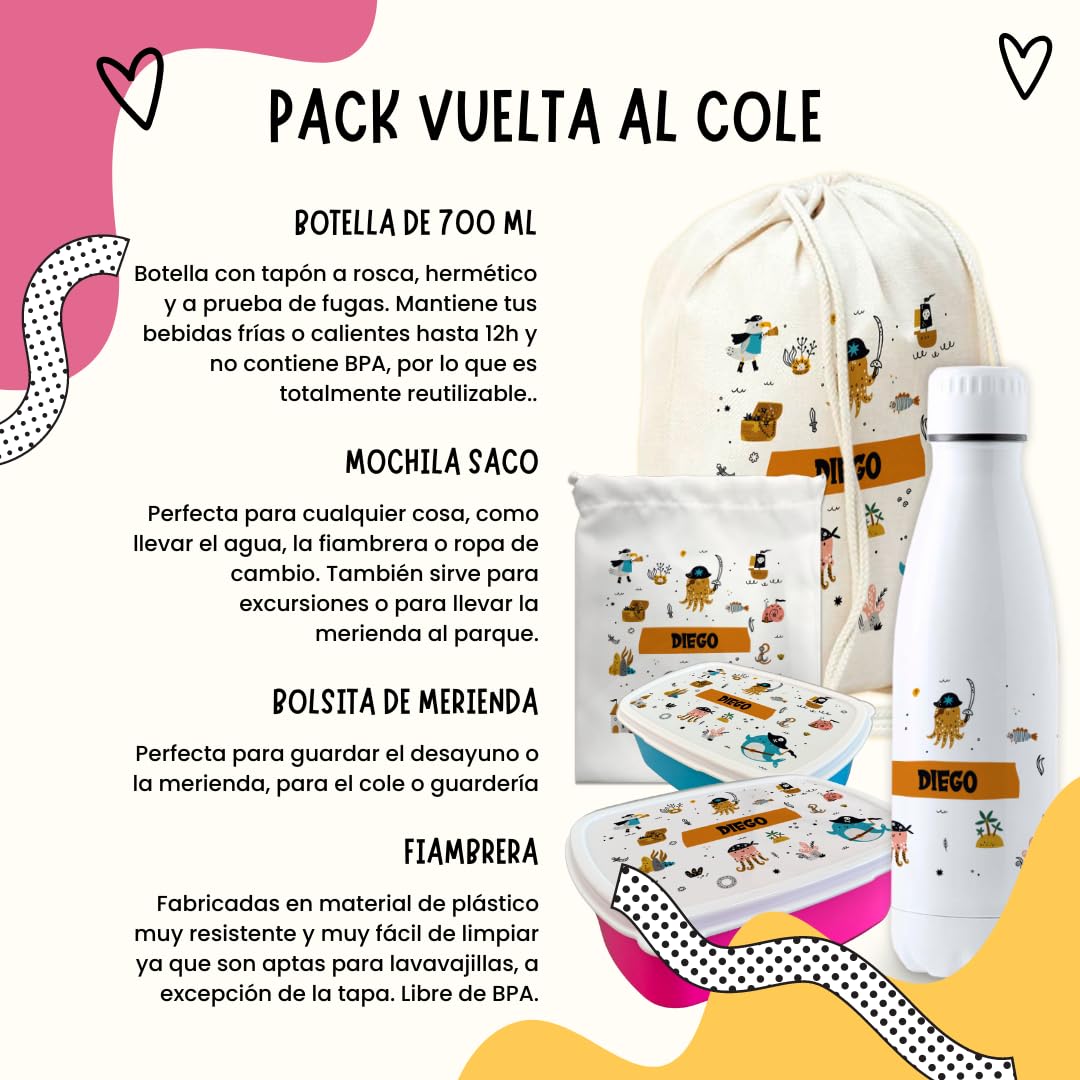 Pack vuelta al cole piratas botella personalizada + mochila saco personalizada + fiambrera personalizada + bolsa merienda personalizada con texto para el colegio o guardería. Libre de BPA