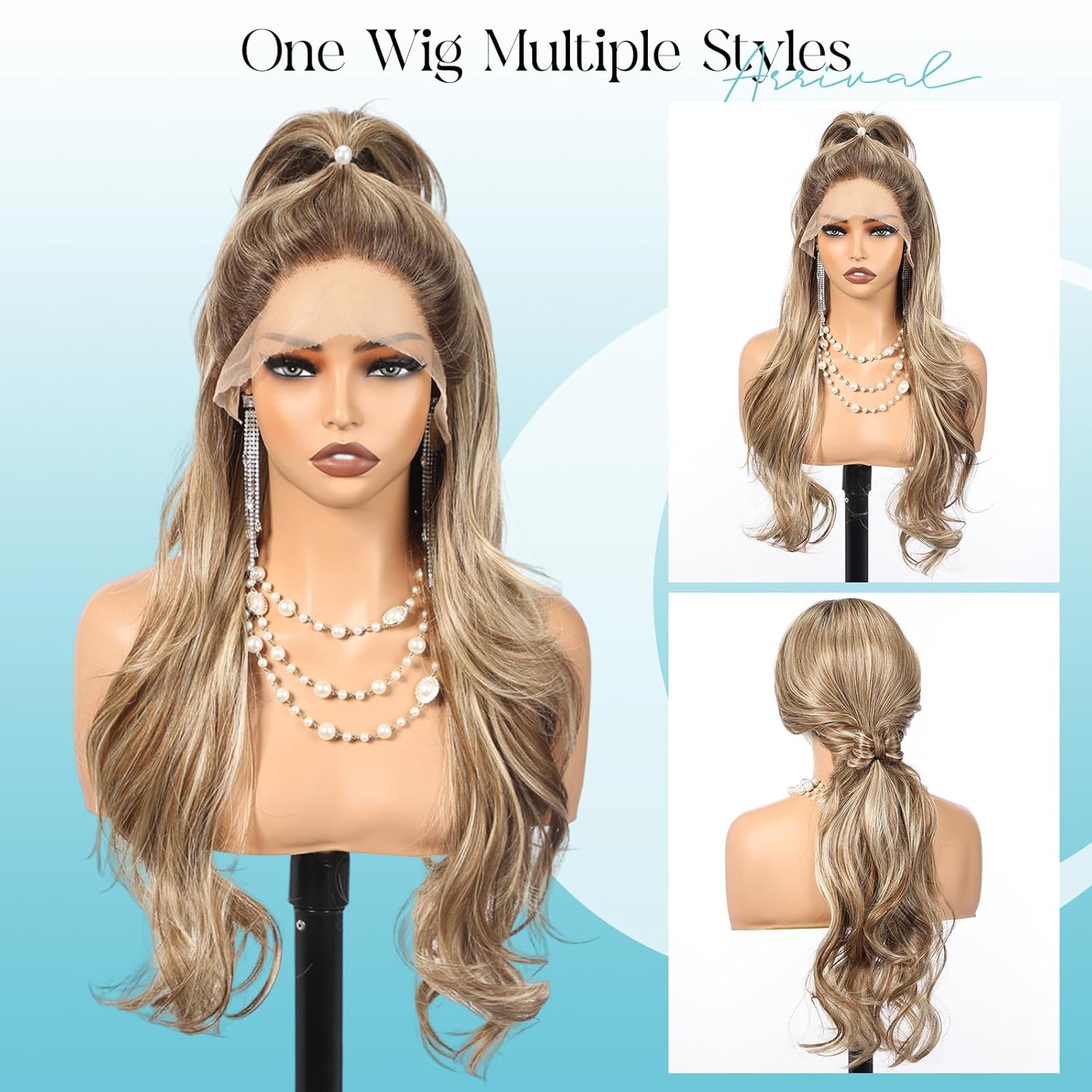 13x4 HD Lace Front Synthetic Wig for Women 26 Inch,Heat Resistant Long Wave Layered, Glueless Lace Front Wigs, Easy to Wear & Style（Ash Blonde Highlight）