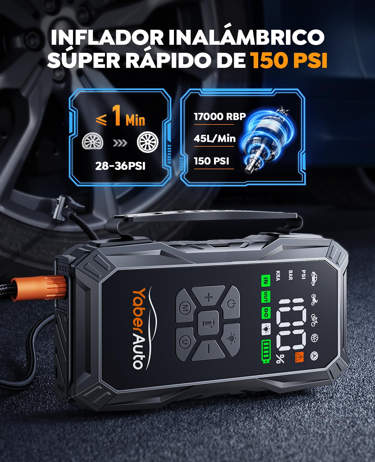 Arrancador de Baterias de Coche con Compresor de Aire, 7000A YaberAuto Arrancador de Coche Portatil (Todo Gas/10,0L Diesel) con 150PSI Inflador, Pantalla Grande y Linterna LED