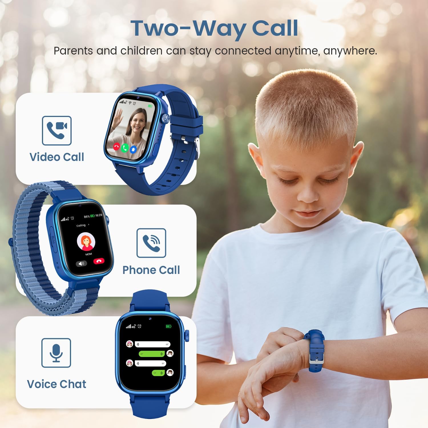 Image showing the smartwatch interface for video calls, phone calls, and voice chat, emphasizing two-way communication.