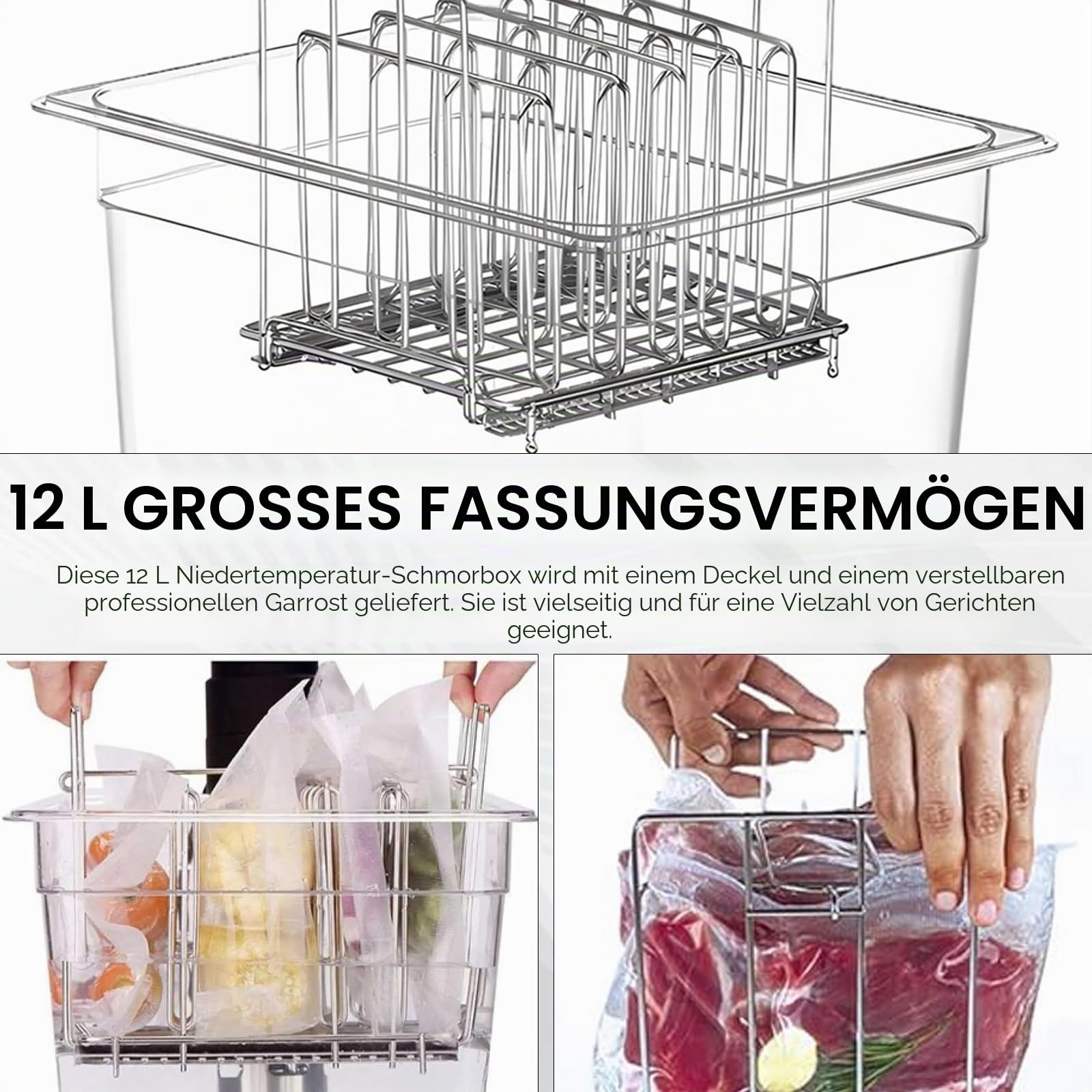 Sous Vide Behälter 12L mit Deckel und Rack Sous Vide Tools Container mit Isolierung Fassungsvermögen Slow Cooker Behälter Lebensmittelbehälter Sous Vide Zubehör für den meisten Sous Vide Kochern