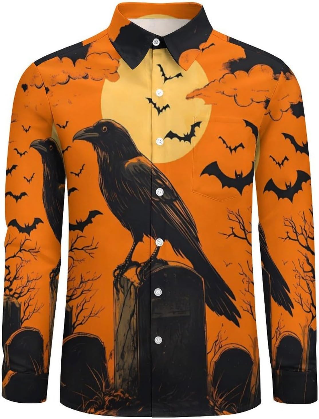 Full Moon Black Crow Cemetery Long Sleeve Shirts Casual Dress Shirt Button-down T-shirts for Men