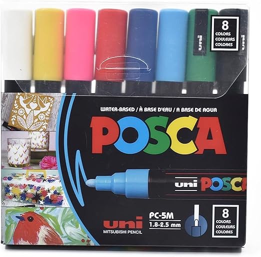 Posca Full Set of 8 Acrylic Paint Pens with Reversible Medium Point Pen