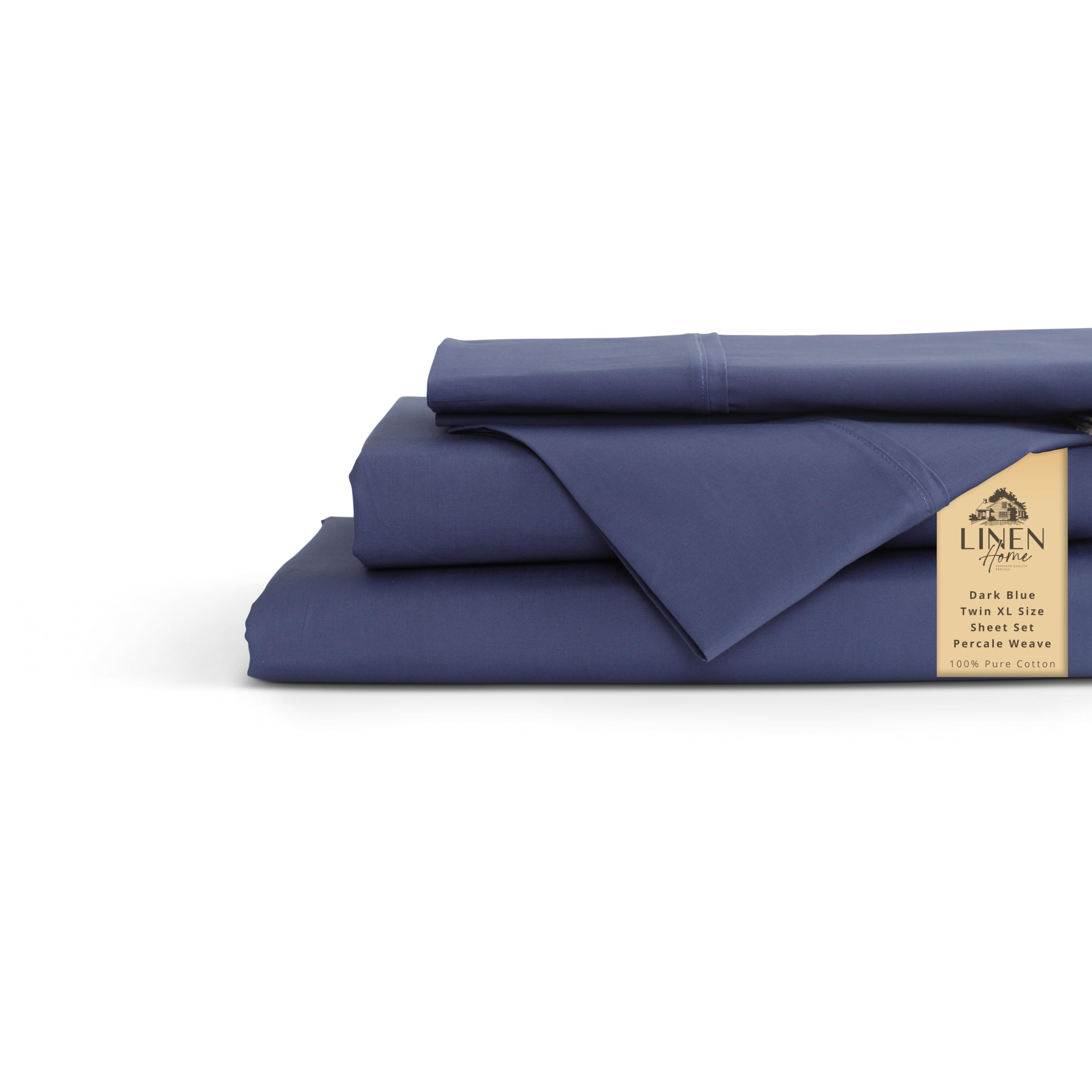 Linen Home 100% Cotton Percale Sheets Twin XL Size, Dark Blue, Deep Pocket, 3 Pieces Set- 1 Flat, 1 Fitted and 1 Pillowcase, Crisp Cool and Long Staple Strong Bed Linen