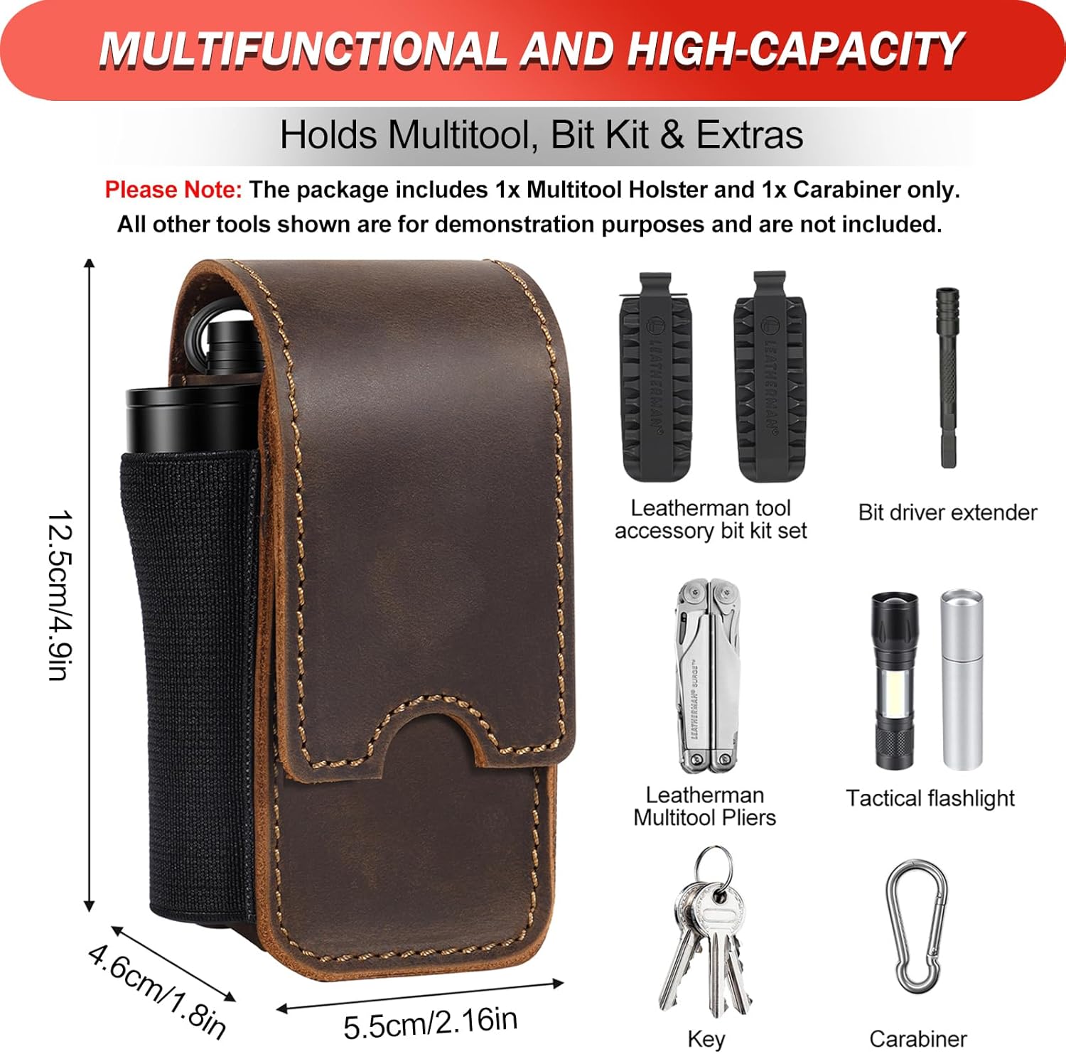 Genuine Leather Multitool Pouch for Leatherman, EDC Belt Organizer Holster with Dual-Compartment Multitool Sheath for Men (Darkbrown)