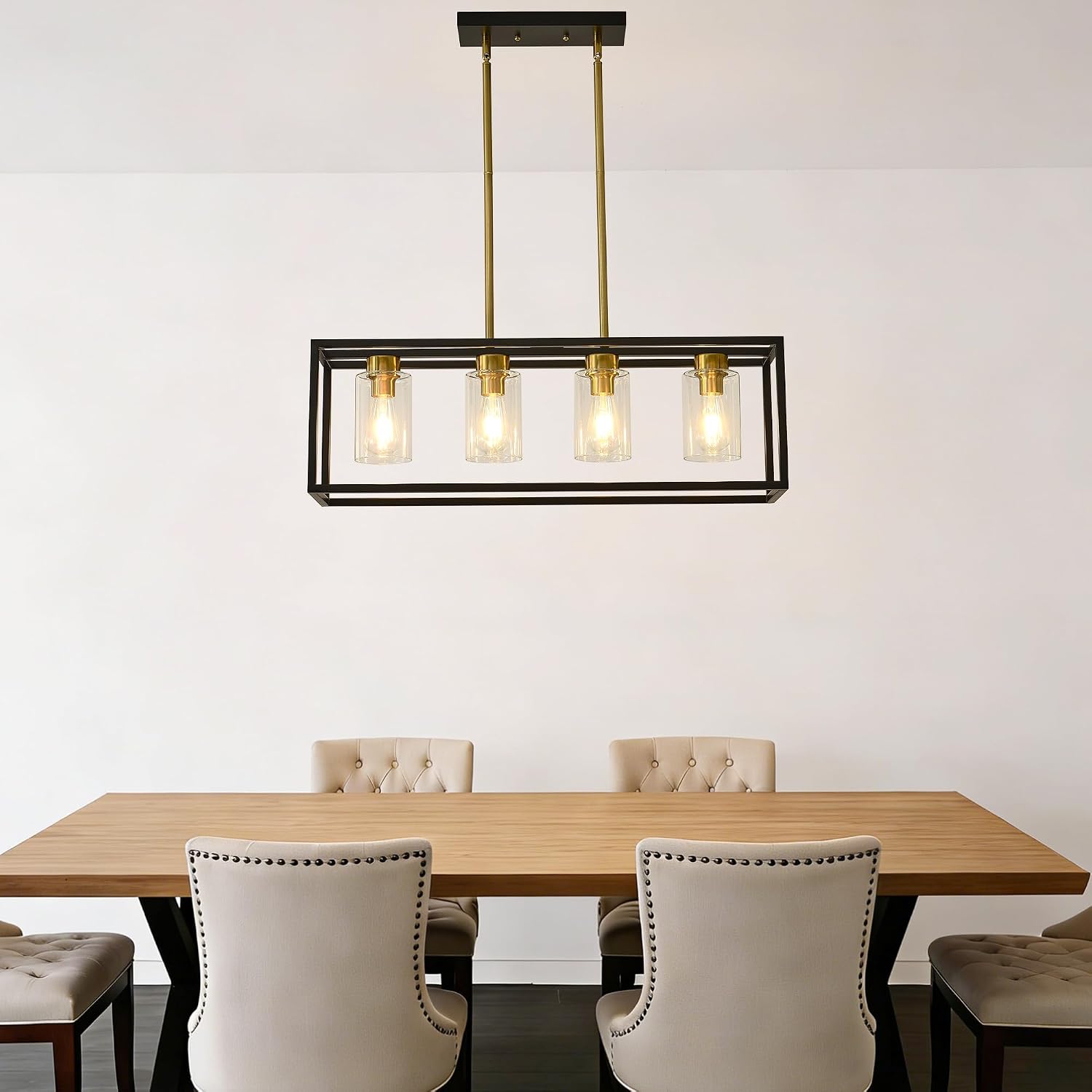 XILICON Brushed Nickel +Black l Dining Room Chandeliers Lighting Fixture Linear Pendant Modern 4-Light with Glass Shades Vintage Farmhouse Ceiling Light Hanging for Kitchen Island Cafe Bar