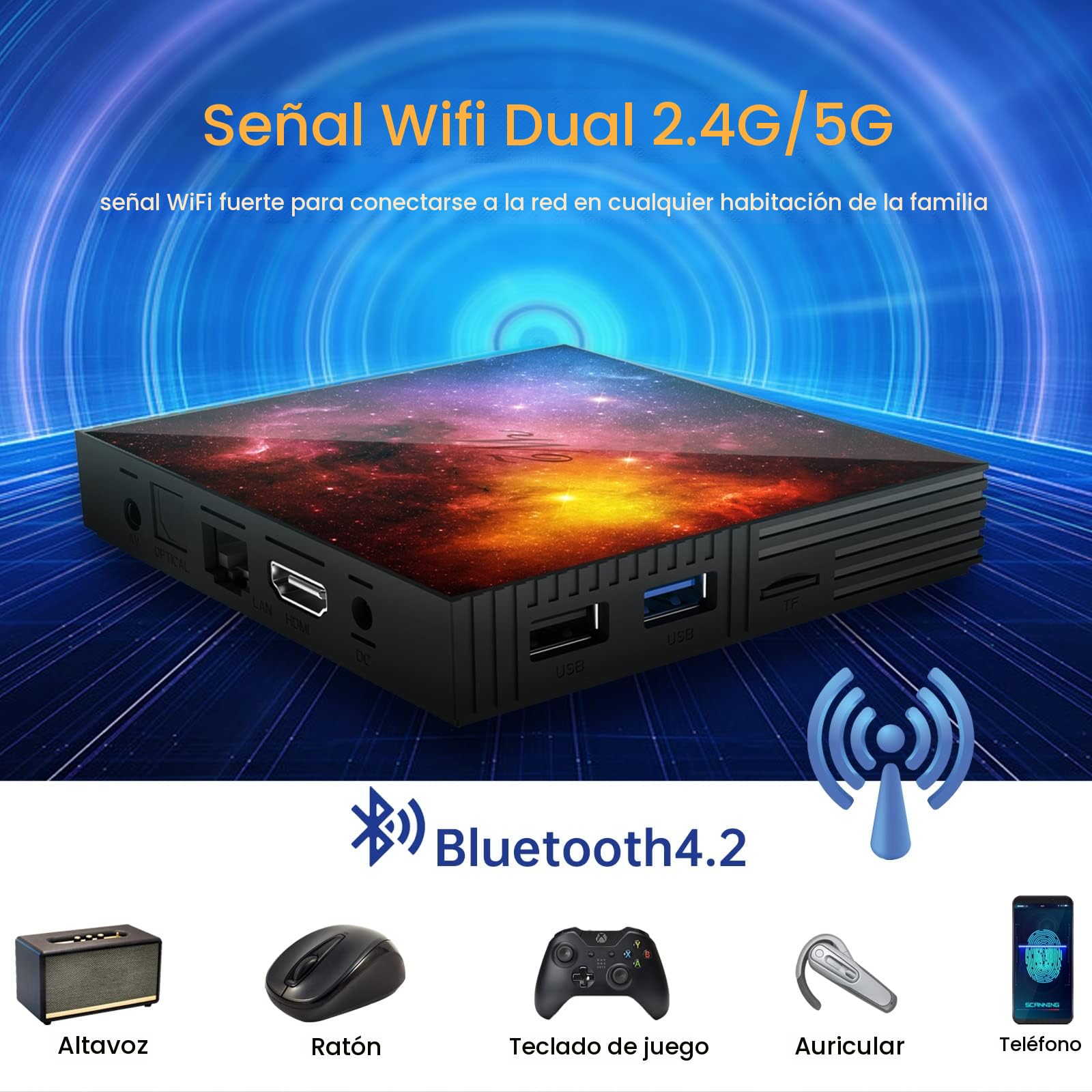 Android 12 TV Box 4GB RAM 128GB ROM Caja de TV Inteligente Quad Core 3D 4K UHD H.265 Reproductor Multimedia 2.4G/5G WiFi Doble Banda Bluetooth 4.2 HDMI Cable USB 2.0 Mini Teclado Inalámbrico