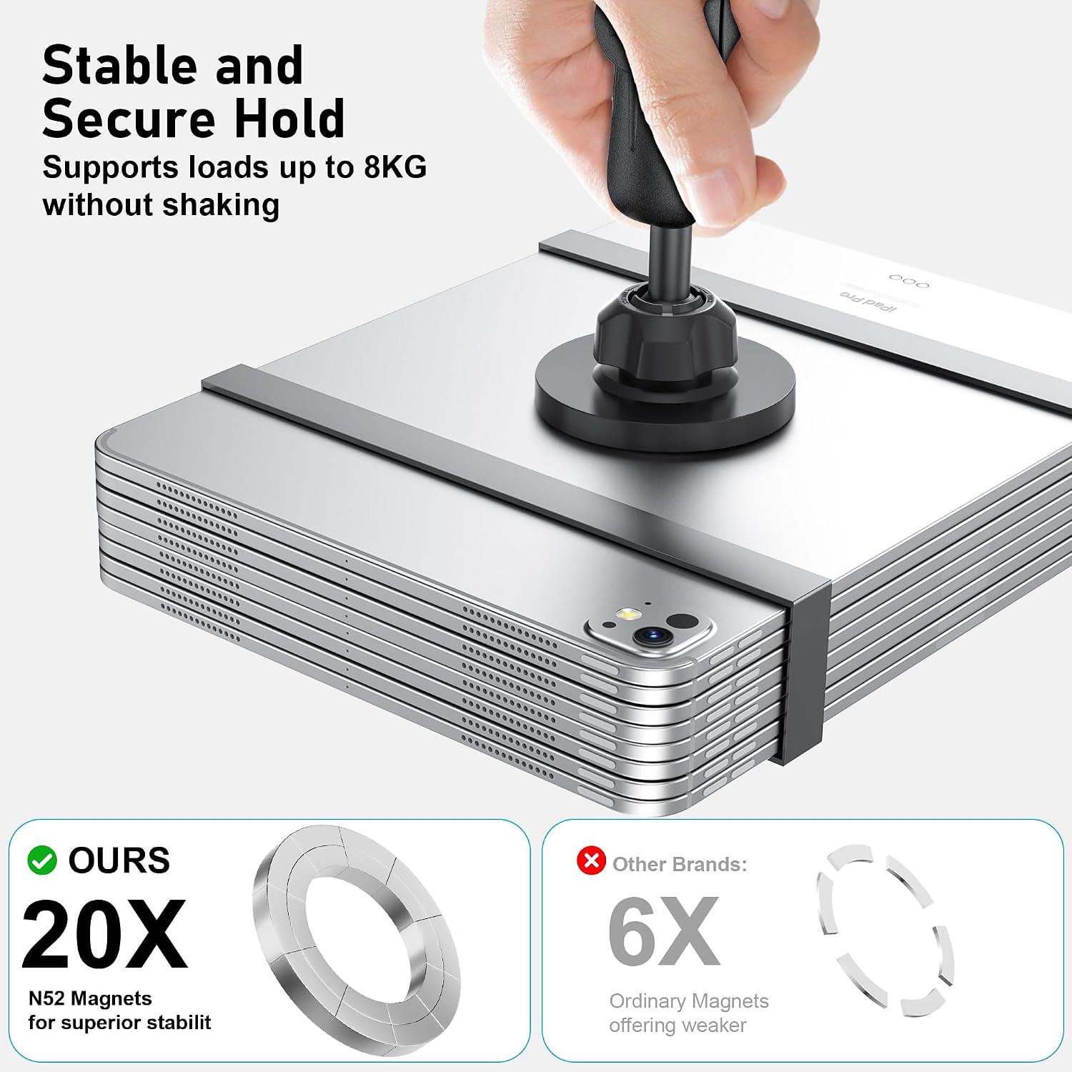 Upgraded 20x N52 Magnetic Aluminum Tablet Mount for Truck, Keuvirya Heavy Duty Drill Base iPad Holder for Semi Truck Car Dashboard Wall, Fits 4.7-13" iPad Pro Mini Phones, Compatible with RAM 1" Ball