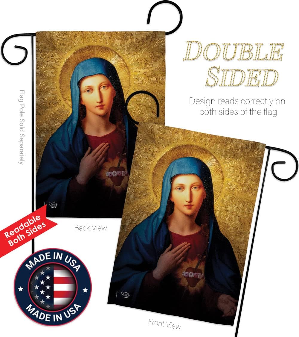 Sacred Heart of Mary Garden Flag Set with Stand Religious Faith Hope Grace Peace Dove Christian Religion Easter House Decoration Banner Small Yard Gift Double-Sided, Made in USA