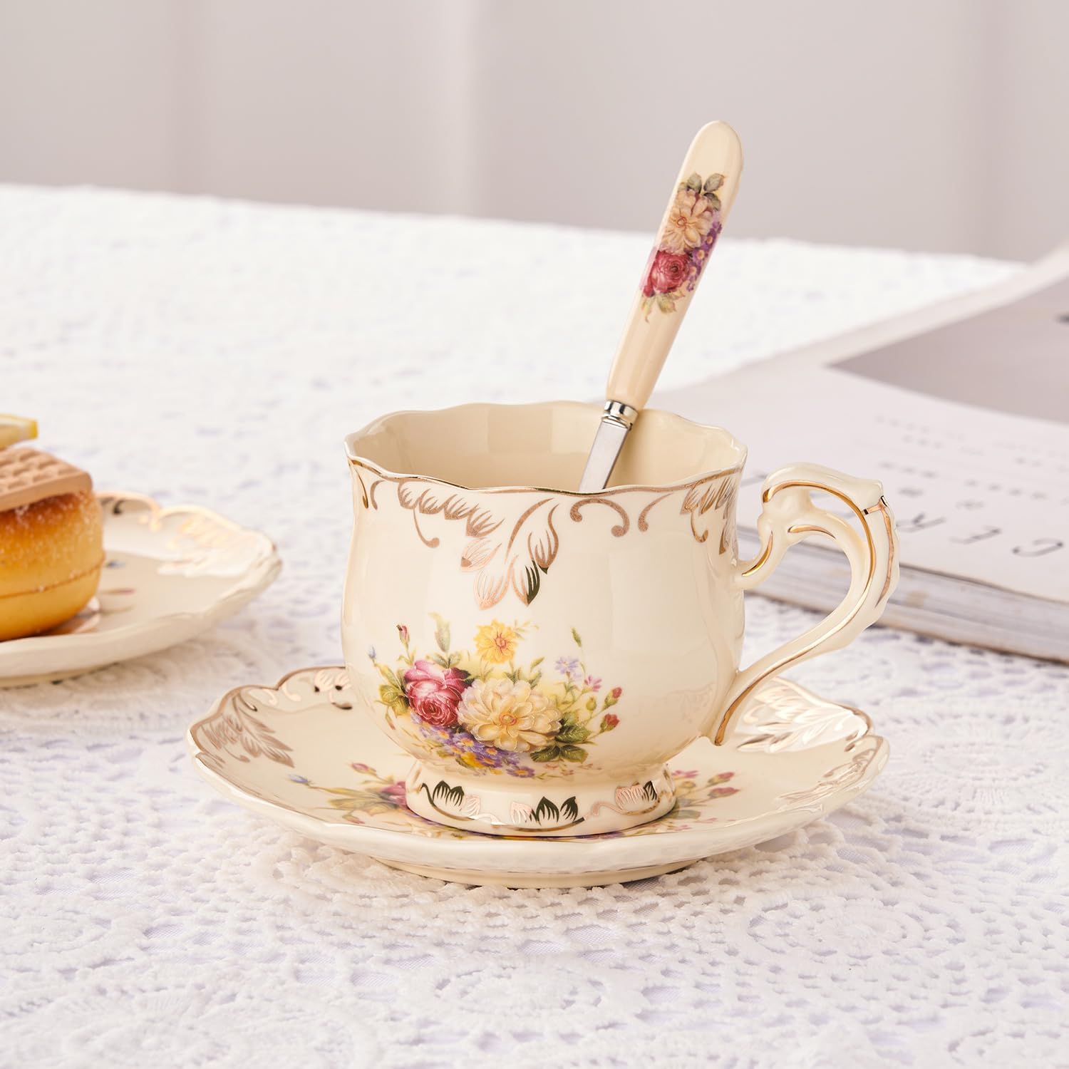 YOLIFE Tea Cups and Saucers Set of 2, Vintage Ceramic Tea Cups Set Floral with Gold Leaves Trim - 8 oz (Flower Shrubs with Gift Box(no stand))