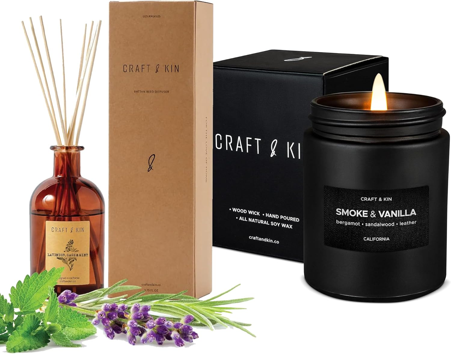 Lavender, Sage & Mint Reed Diffuser Set & Wood & Vanilla Scented Candle Bundle | All-Natural Fragrance | Masculine Scented Home Decor Set