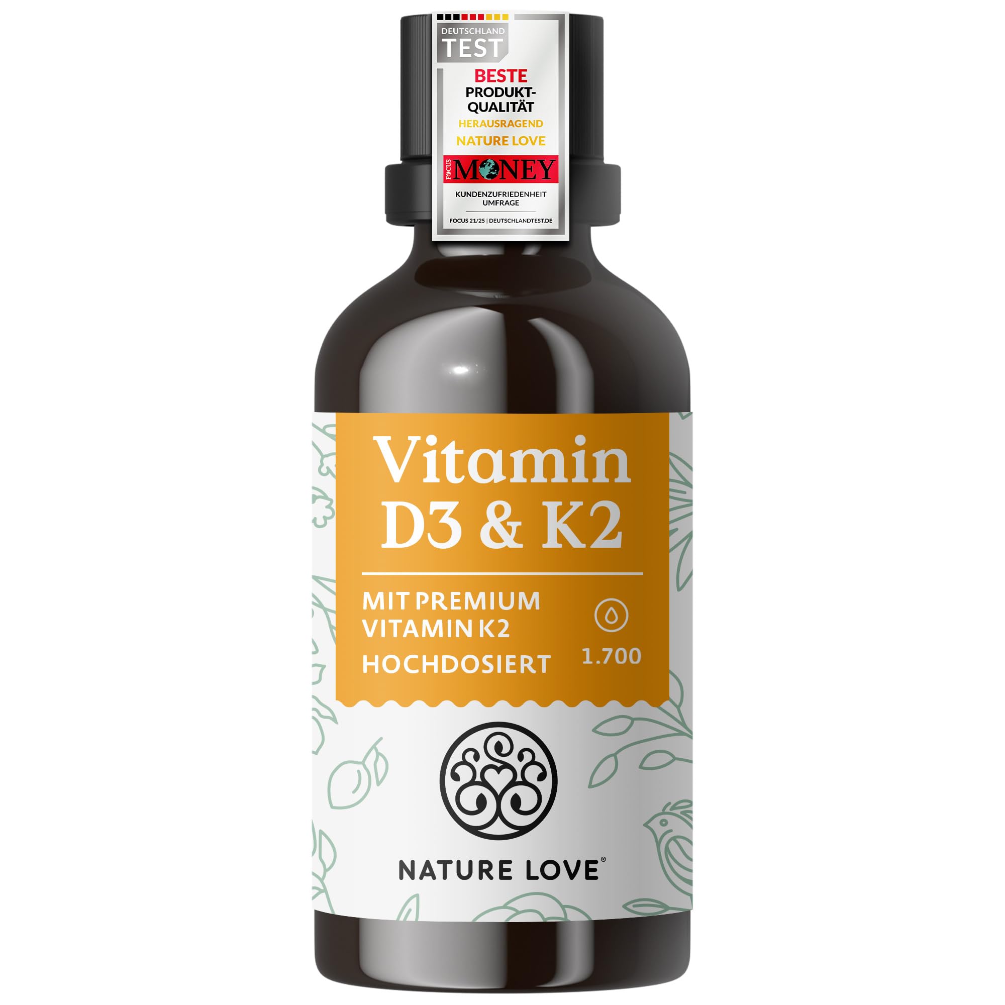 Vitamin D3 + K2 (50ml) - Hoch bioverfügbar durch Original K2VITAL® 99,7% all-trans - laborgeprüfte 1000 I.E. Vitamin D3 pro Tropfen (1700 Tropfen mit Vitamin D + Vitamin K) - in MCT-Öl - Hochdosiert
