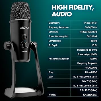 Movo UM700 Computer Condenser USB Gaming Mic with Adjustable Pickup Patterns - Microphone for PC, PS5, Podcasting, Streaming, ASMR