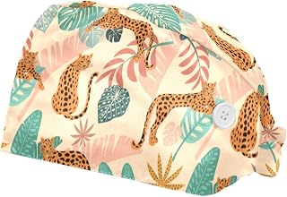 2 Pieces Working Caps with Button Tie Back Hats with Sweatband for Women Men,One Size - Leopard and Tropical Leaves Pattern
