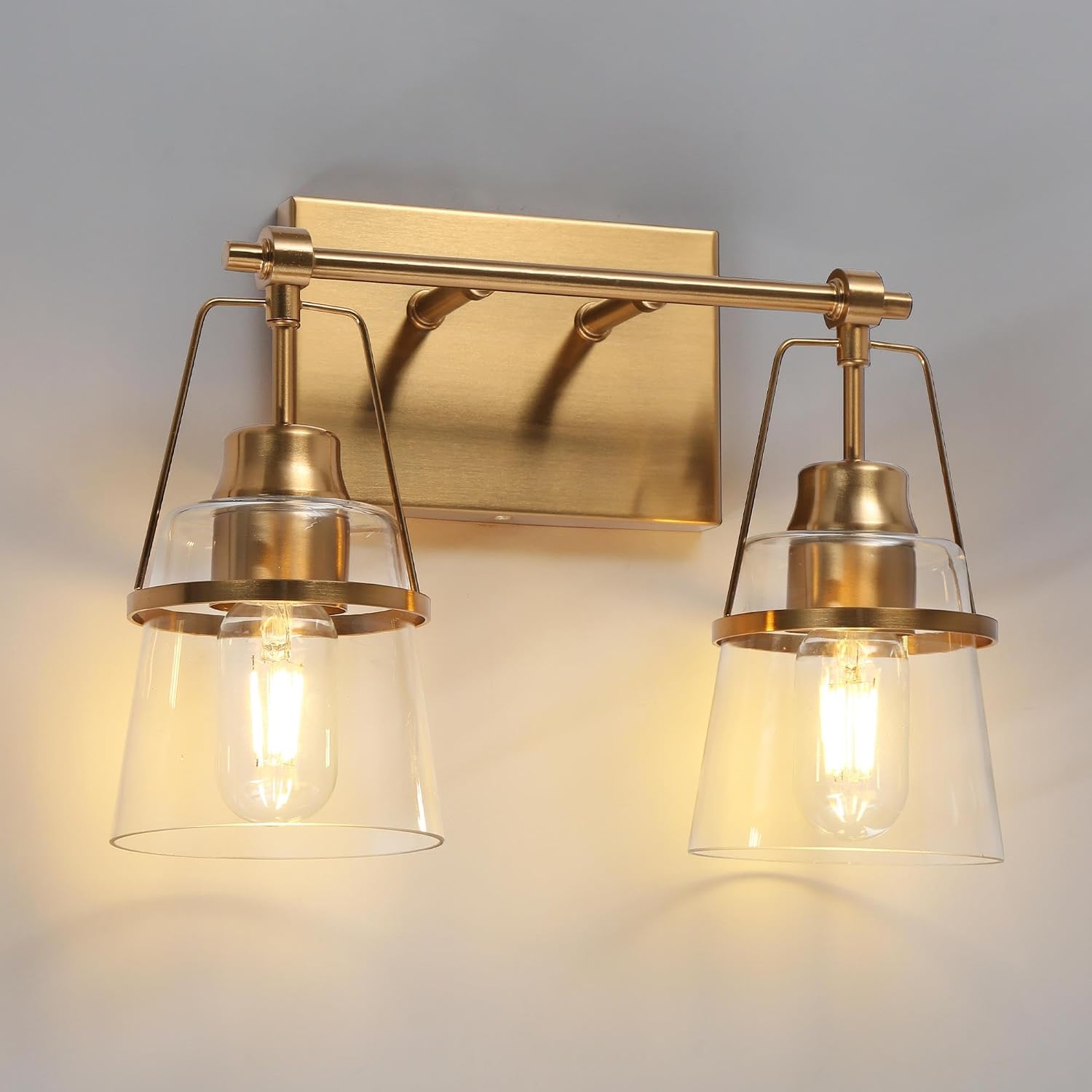 Gold Bathroom Light Fixtures, 2 Light Modern Bathroom Lights Over Mirror, Brass Vanity Lights for Bathroom with Clear Glass Shades