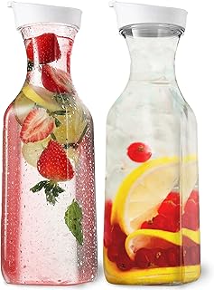 DilaBee Large 50 Oz Square Carafes, Plastic Pitchers for Drinks, Milk, Smoothie, Iced Tea, Water Pitcher, Mimosa Bar Supplies - Juice Containers with lids for Fridge - Food Grade BPA-Free (2-Pack)