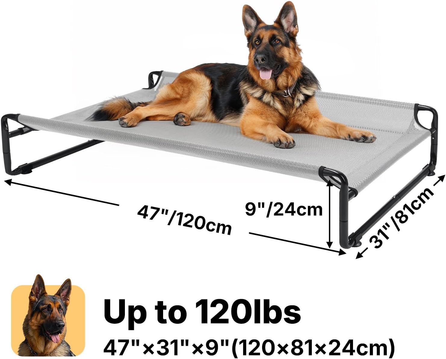 Veehoo Raised Dog Beds for Large Dogs, Washable Dog Cot with Headrest Sides, Outdoor Elevated Dog Bed with Non-Skid Feet, Breathable Mesh, Cooling Pet Hammock for Indoor or Camping, 49", Grey