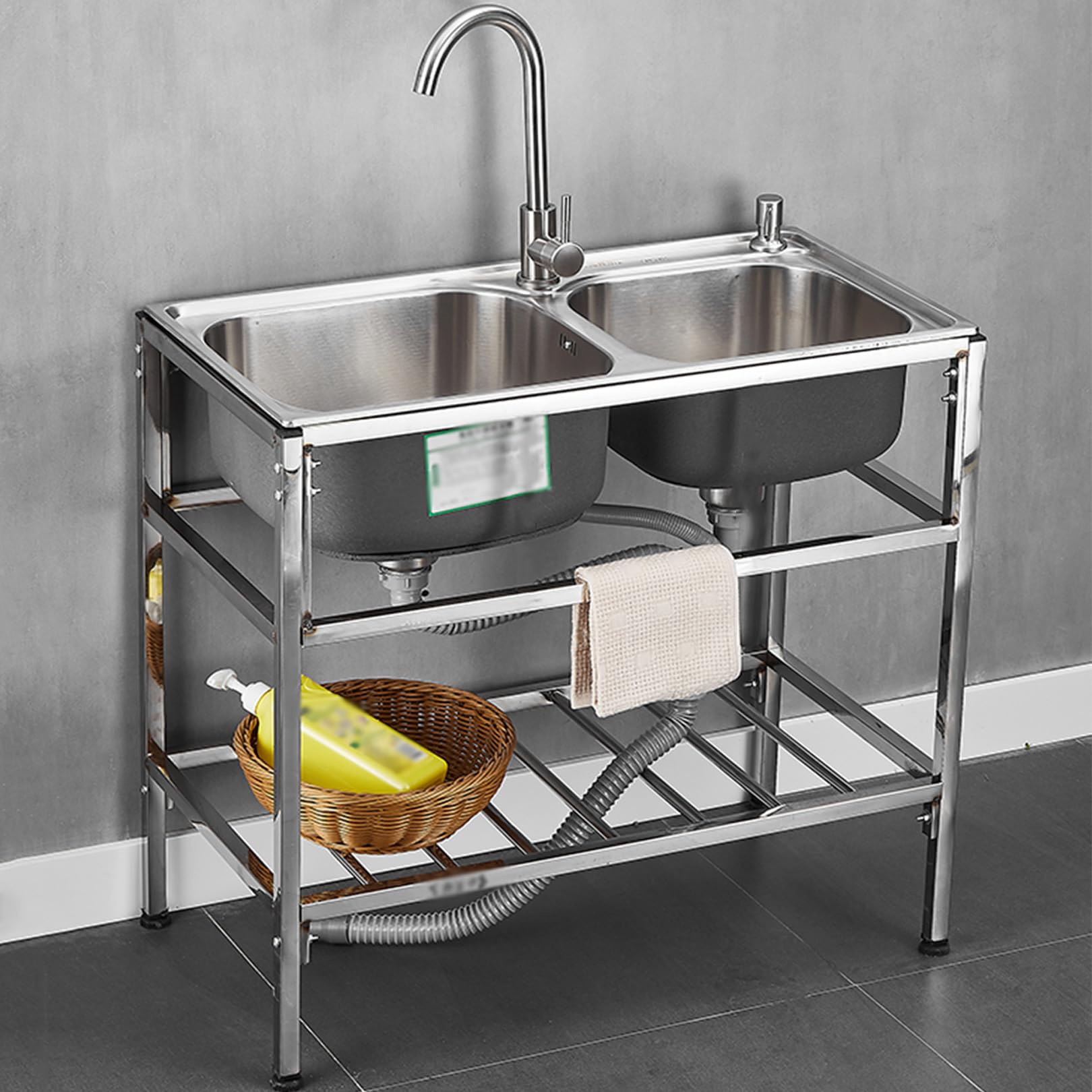 TAXXII Utility Sink Outdoor Double Bowl Stainless Steel Kitchen Free Standing Commercial Restaurant Prep Washing Hand Basin w/Cold and Hot Tap for Bars Garage Laundry Room