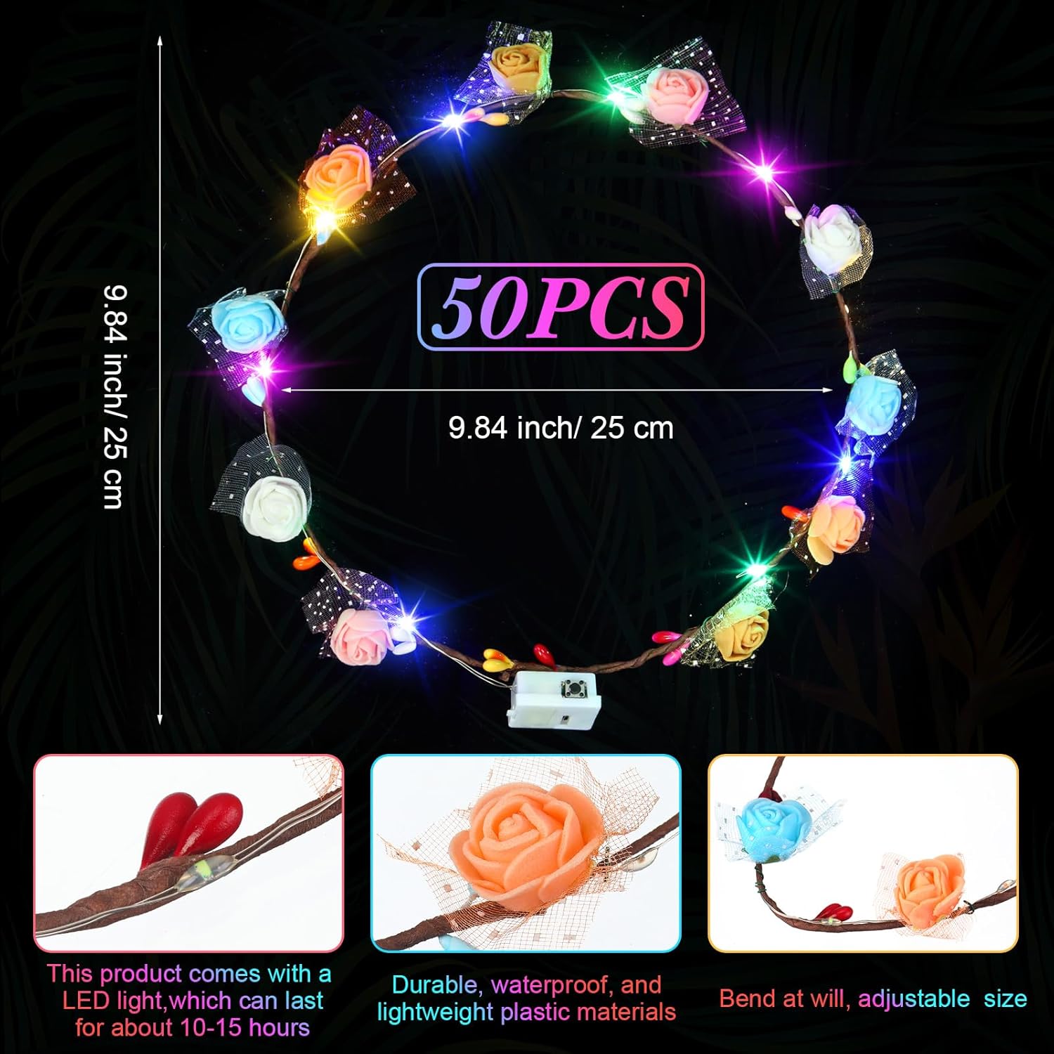 Syhood Valentines Day Gifts, 50 Pcs LED Flower Crowns Headbands, Light up Flower Crowns for Women, Glow in the Dark Headband for Wedding Birthday Mardi Gras Cosplay Princess Party Favors(Plum Blossom) - Image 2