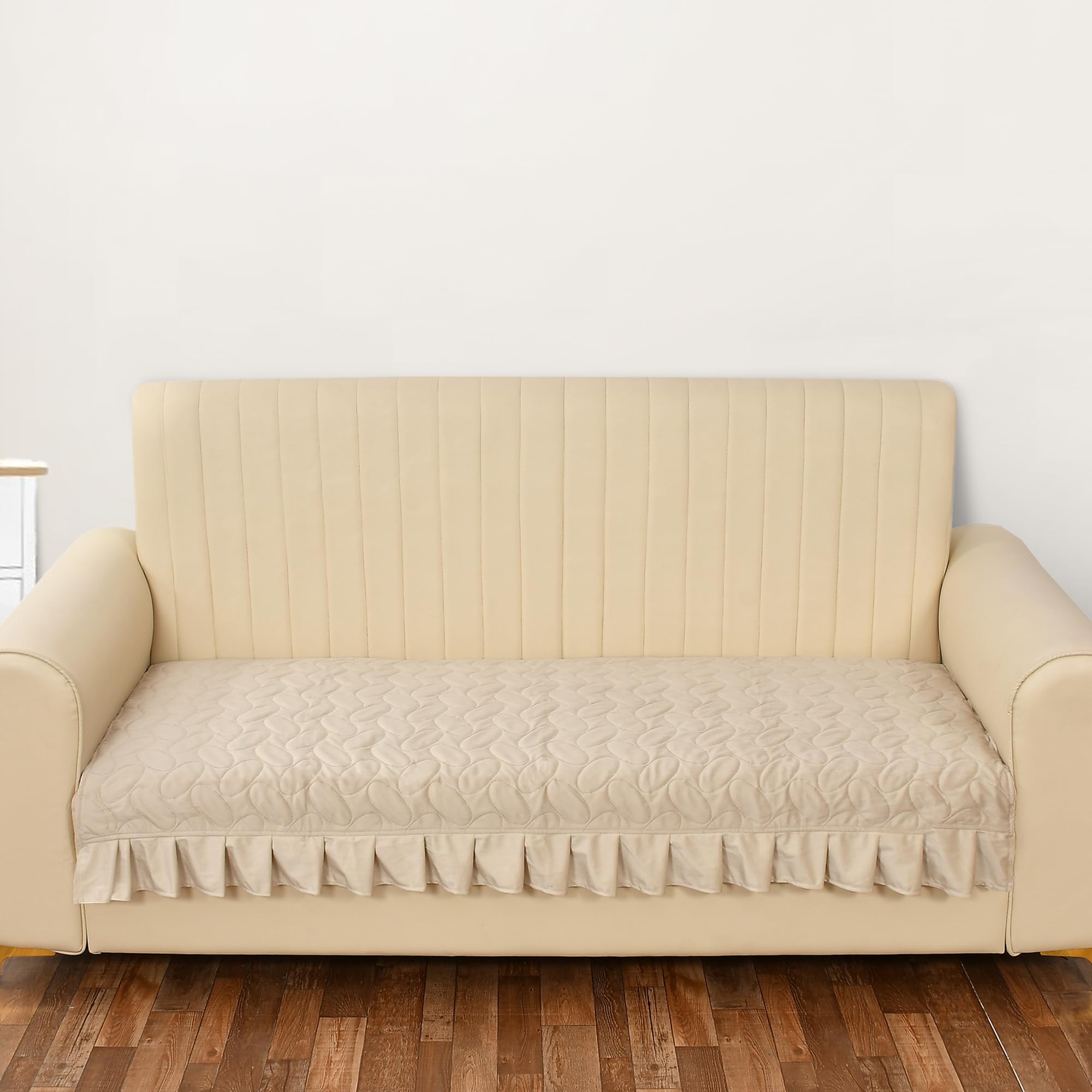 Yellow Weaves Quilted Velvet 2 Seater Sofa Cover Protector with Frill, Anti-Slip Sofa Cover Seat Mat (47 x 26 Inch), Beige-image-41