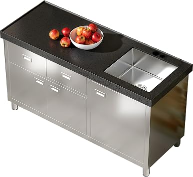 Stainless Steel Utility Sink with Storage, Marble Worktop, Full-assembled | Freestanding Kitchen Sink Worktation with 2 Cabinets and Drawers, Outdoor Sink Cabinet for Laundry Room, Garden, and Patio