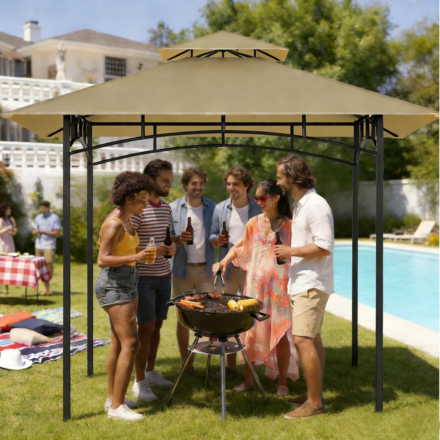 Grill Gazebo Replacement Roof, 5x8ft Outdoor BBQ Gazebo Canopy Cover, Double Tiered Grill Gazebo Replacement Roof for #L-GG001PST-F Khaki