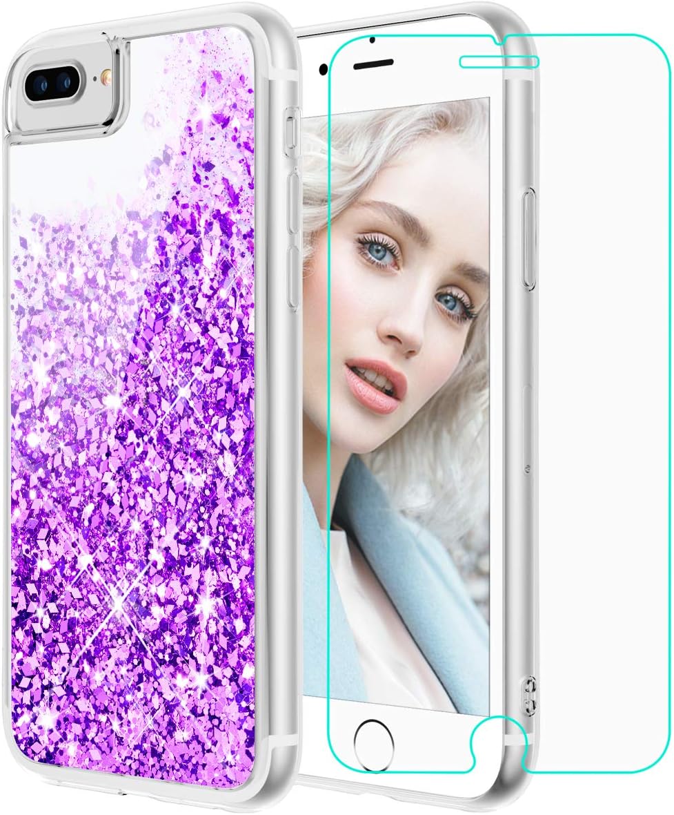 Maxdara iPhone 8 Plus Case, iPhone 7 Plus Glitter Liquid Case with Screen Protector Floating Bling Sparkle Luxury Pretty Girls Women Case for iPhone 6 Plus 6s Plus 7 Plus 8 Plus (Purple)