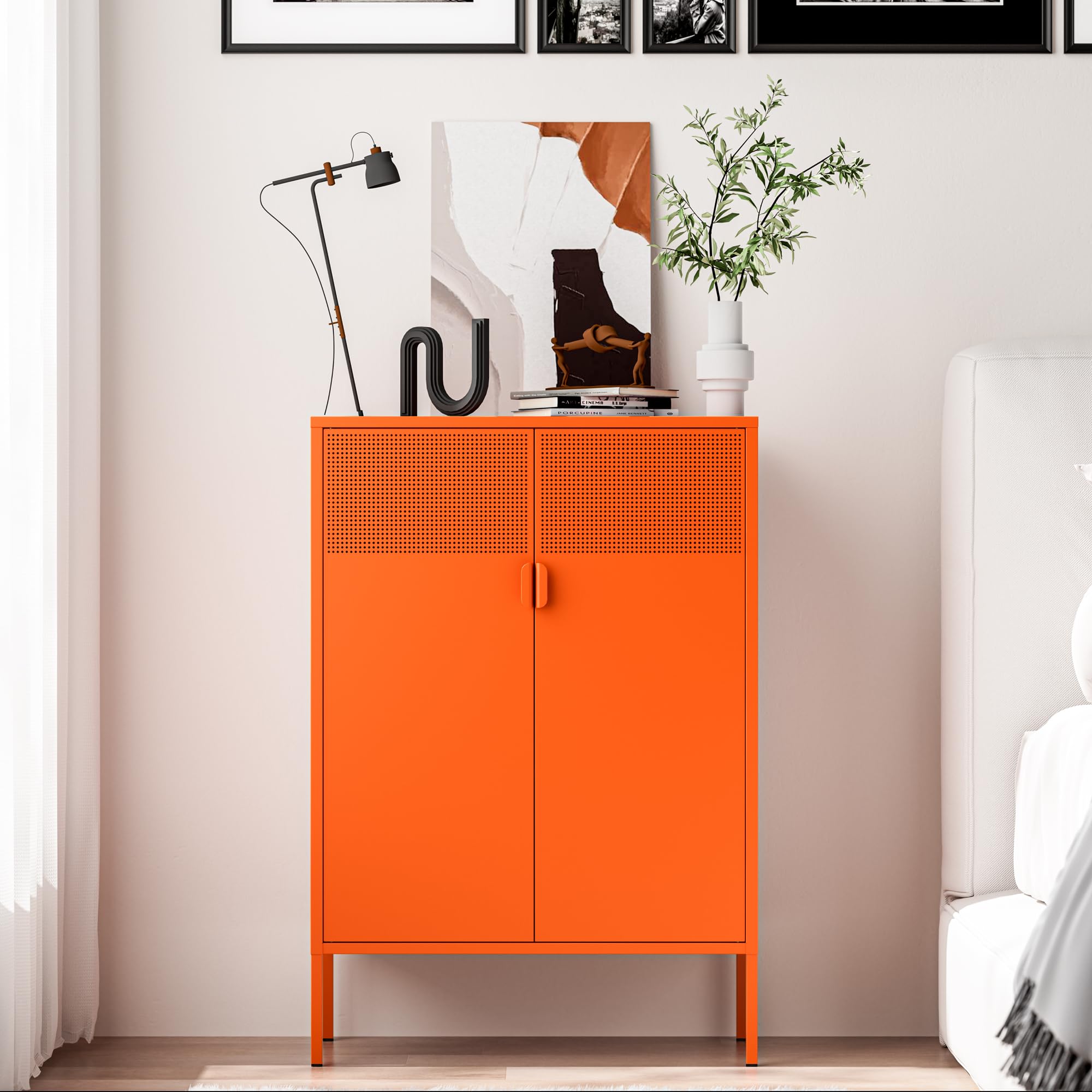 Washsemba 2 Mesh Door Metal Cabinet with Adjustable Shelves, Multipurpose Orange Storage Cabinet, 3-Tier,Metal Storage Cabinet for Office Home,Hallway