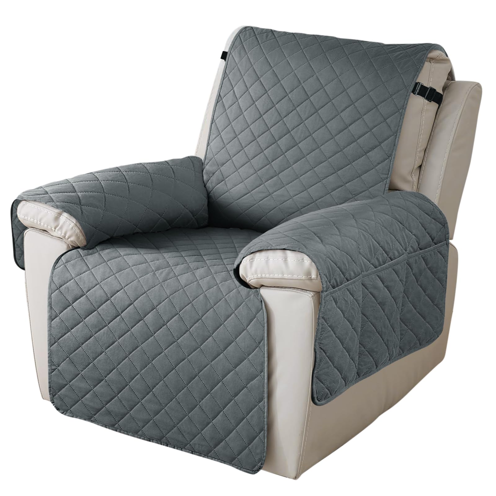 Niuoppy Recliner Chair Covers Slipcover Protectors, Armchair Covers for Recliner Sofa Cover Non-slip, Armchair Slipcovers Protector, with 6 Side Pockets and Tightening Straps (Dark Grey, 28IN Width)