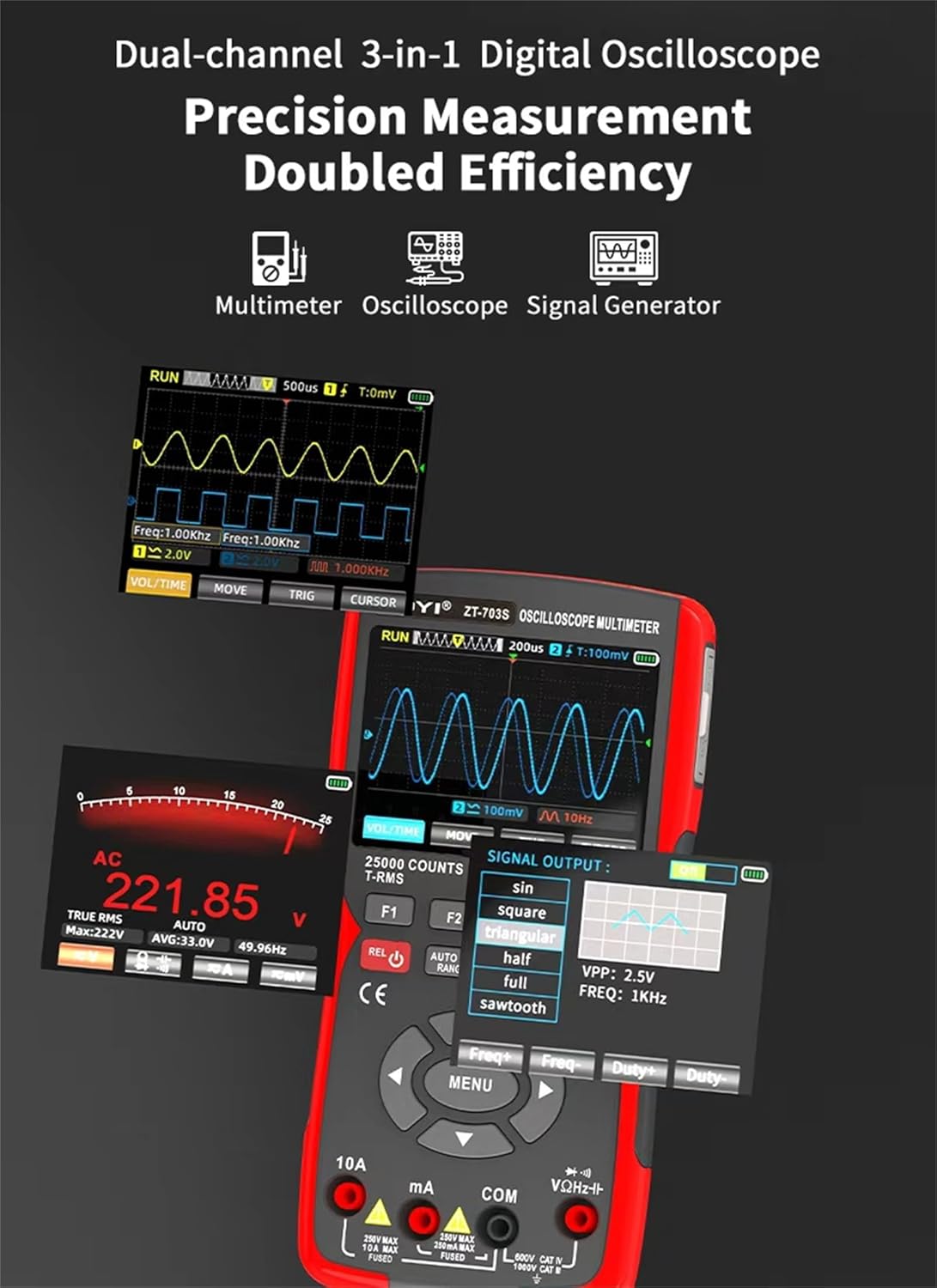 ZT-703S 3-in-1 Digital Multimeter Oscilloscope & Signal Generator, 2 Channel 50MHz, High-Precision Voltage Meter, Auto-Ranging, AC/DC Current Capacitor Resistor Diode, 19999 Counts, 3400mAh Battery