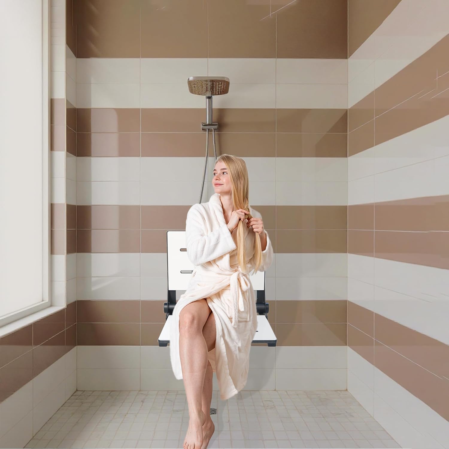 Folding Shower Seat with Back - ADA Wall Mount Bathroom Bench for Adults Seniors Disabled Bariatric Comfort/Durable White Phenolic Resin/304 Stainless Steel/Supports 500 lbs/Matte Black/ 26" x 16"