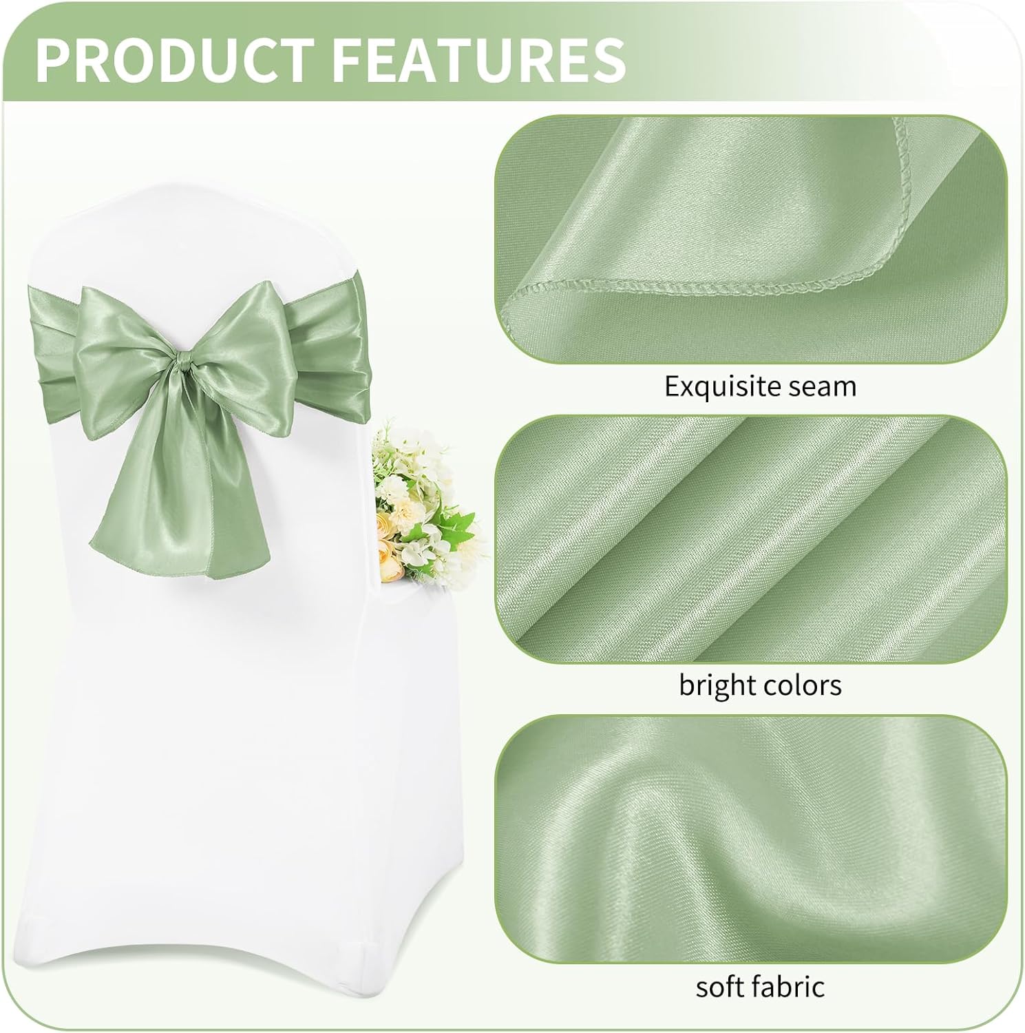 Teruntrue 60 PCS Sage Green Satin Chair Sashes Ties,Bows Universal Chair Cover,Sashes Chair Sashes for Wedding Reception,Banquets Party, Hotel Event, Chairs Decoration(7 x 78 inch)